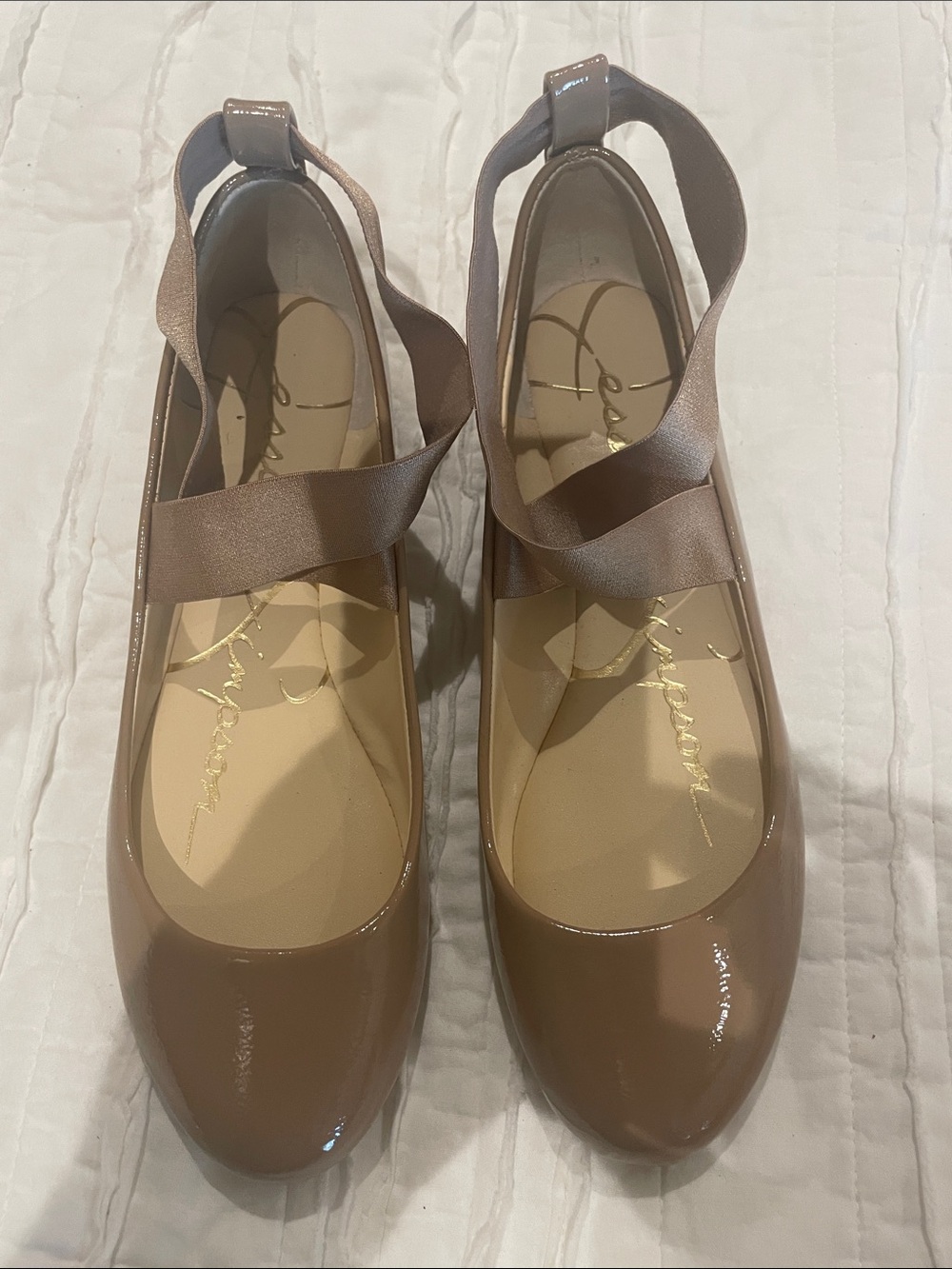Jessica Simpson Patent Mary Jane Flats in Taupe Brown with Cross Strap